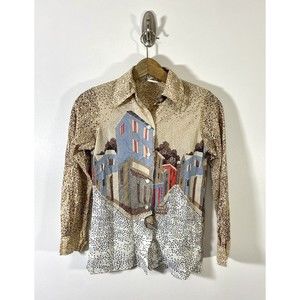 Vintage Paddle & Saddle Button Up Shirt Small? Town Cityscape Buildings Mosaic